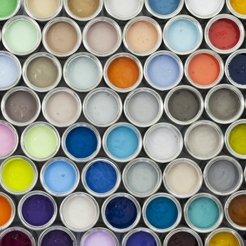 Lots of cans of paint in many colors from B & B Floor Co in Springfield, VA
